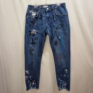 Zara Woman Graffiti Distressed Painted Raw Hem Skinny Cropped Jeans, Size 2
